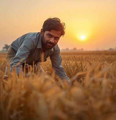 “Indian farmer sowing seeds in a golden sunrise field, realistic detail, soft warm lighting, growth and agriculture theme, inspirational farming scene, high clarity, professional photoshoot style.” (1)