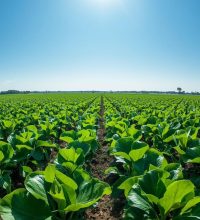 “Wide farmland with healthy hybrid crops, lush green leaves, clear sky, bright natural sunlight, high-yield farm visuals, professional agricultural photography style.”